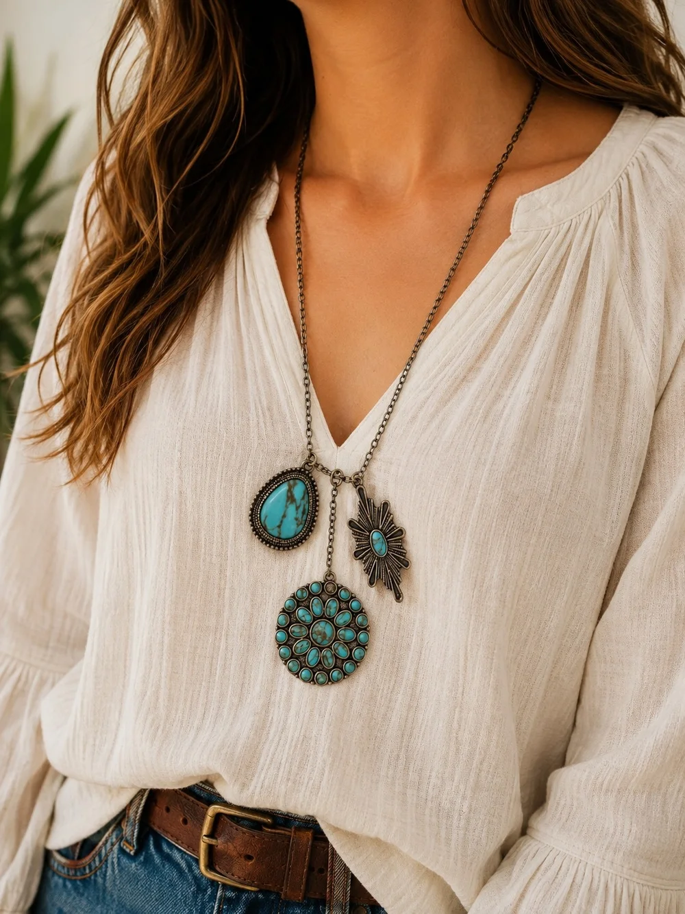 Lucky Brand Turquoise Multi Pendant Necklace 20” Boho Southwestern